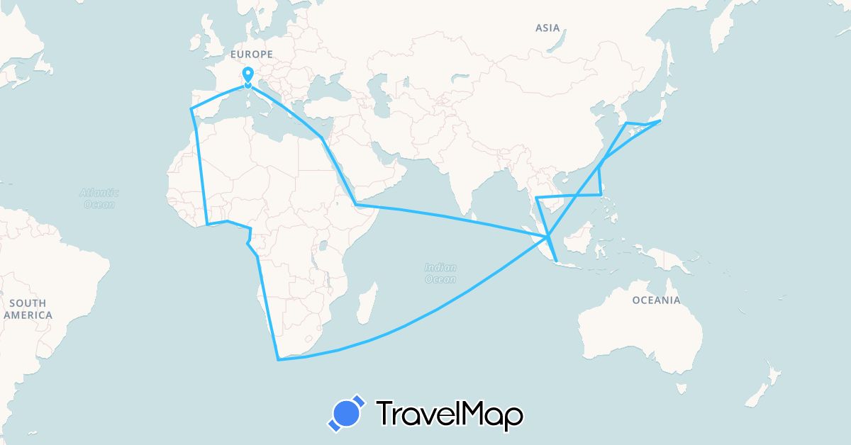 TravelMap itinerary: driving, boat in Benin, Republic of the Congo, Côte d'Ivoire, Cameroon, Djibouti, Egypt, Gabon, Indonesia, Italy, Japan, South Korea, Morocco, Philippines, Portugal, Singapore, Togo, Thailand, Taiwan (Africa, Asia, Europe)